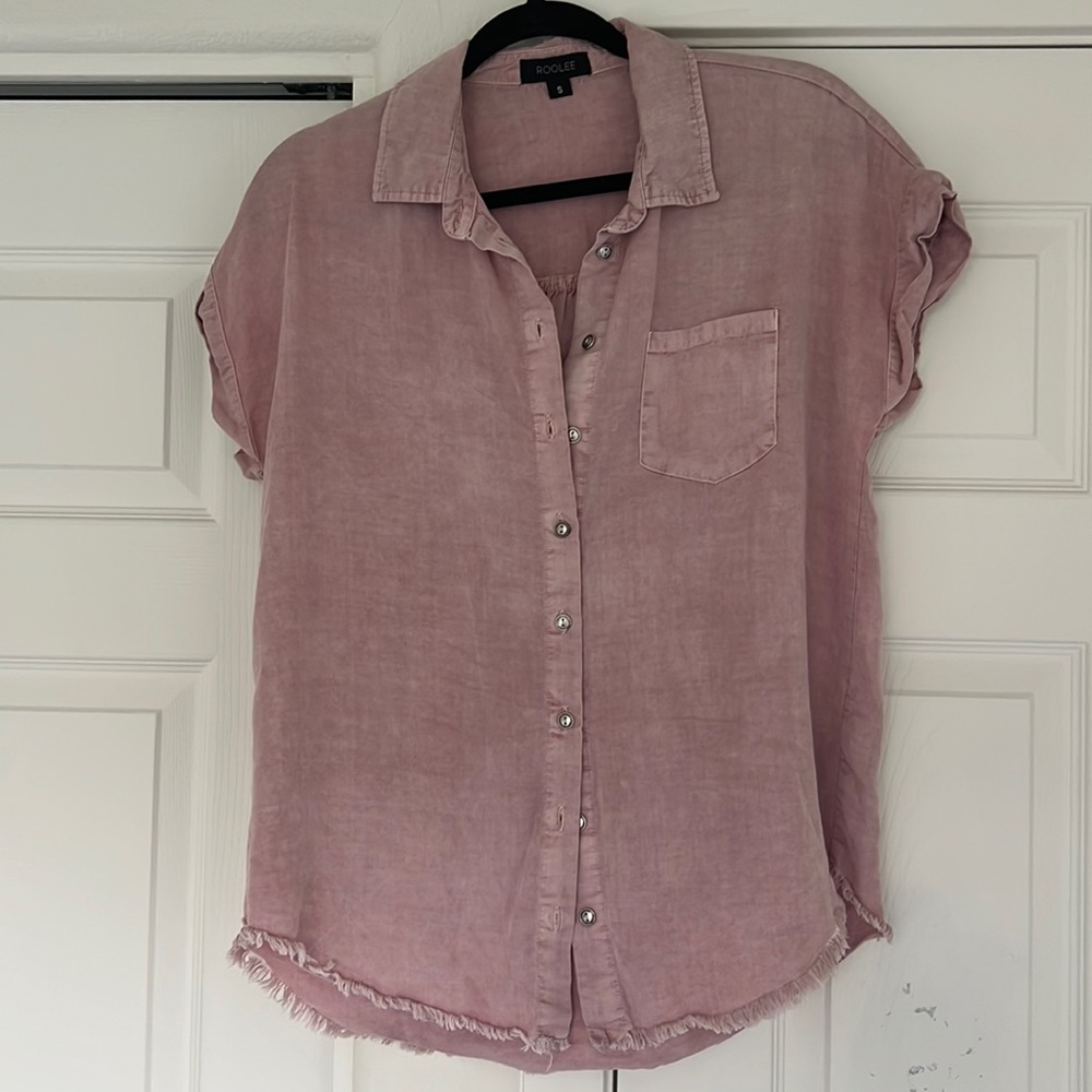 Roolee light pink button up fringe bottom tshirt